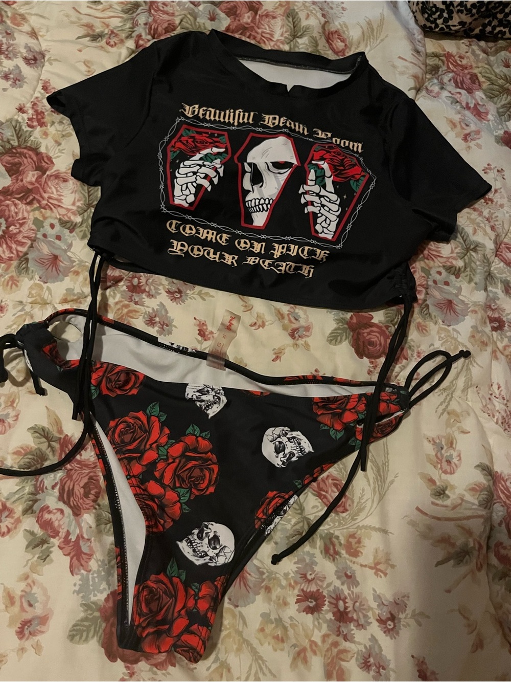 Black Floral Skull Two-Piece Swim Set - Red Roses